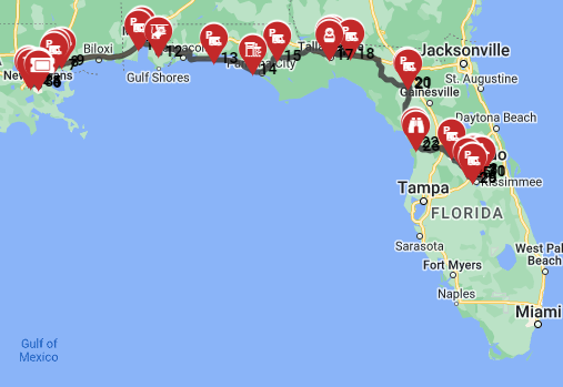 Family friendly motorhome route plan from New Orleans to Orlando